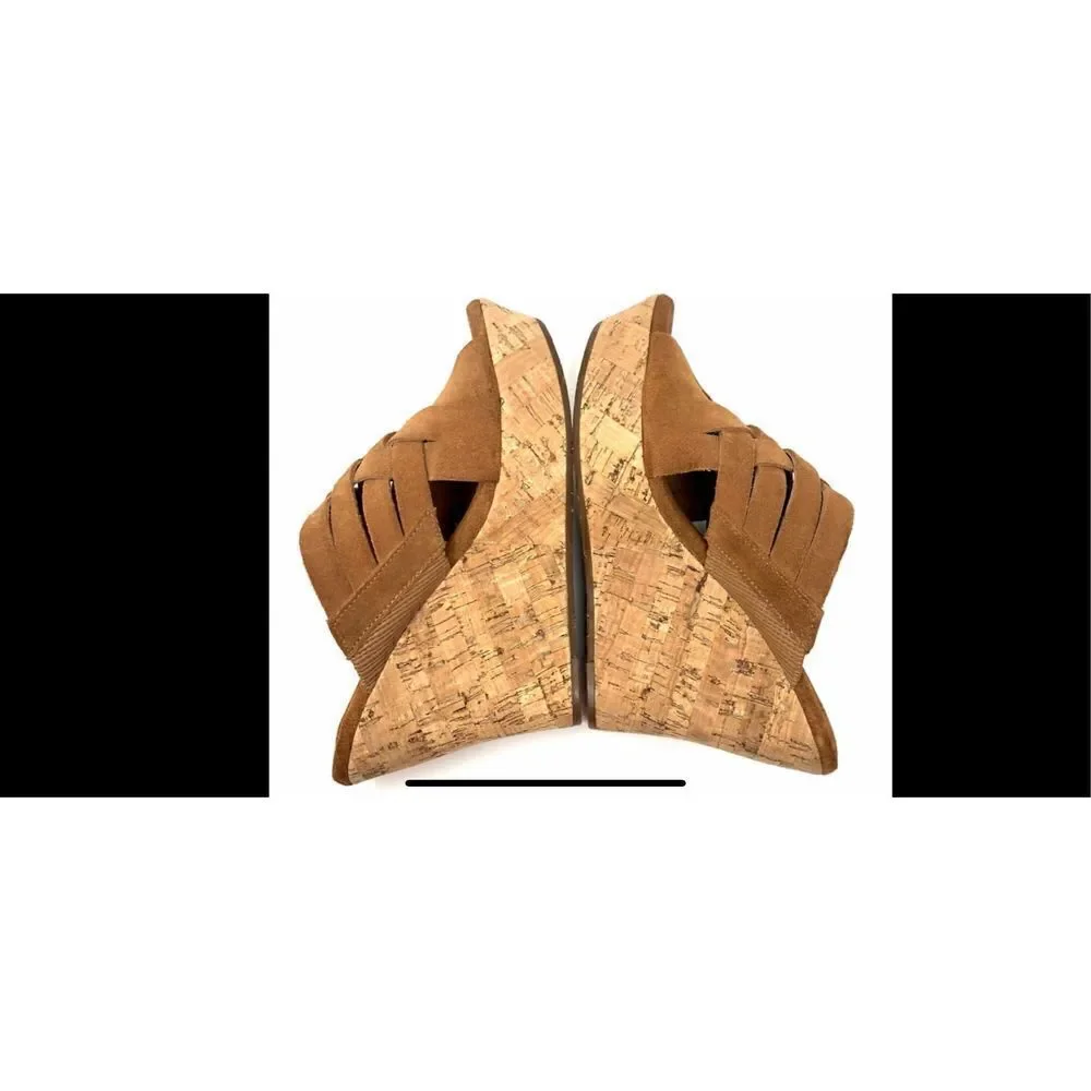 UGG Marta chestnut cork, slip on wedges, size 8W soft suede with woven straps al